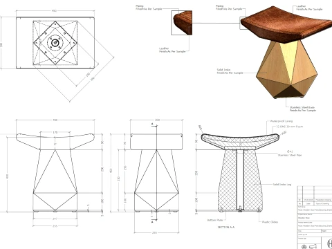 Facet Wooden Stool Manufacturing Drawings 3D Model