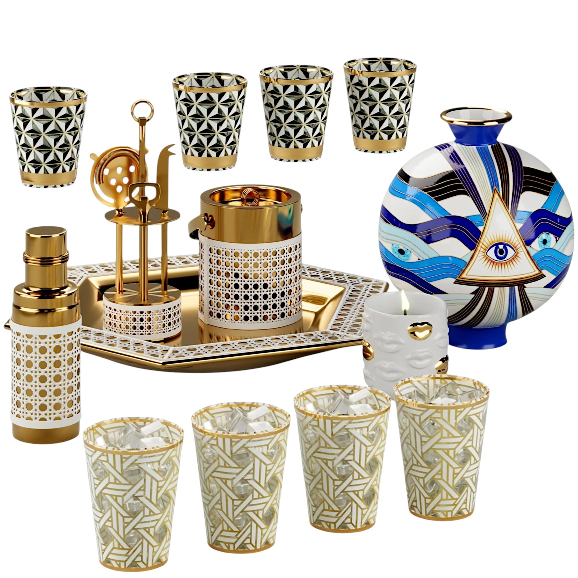 Jonathan Adler Basketweave Barware Decor Set 3D Model .c4d .max .obj .3ds .fbx .stl .blend 