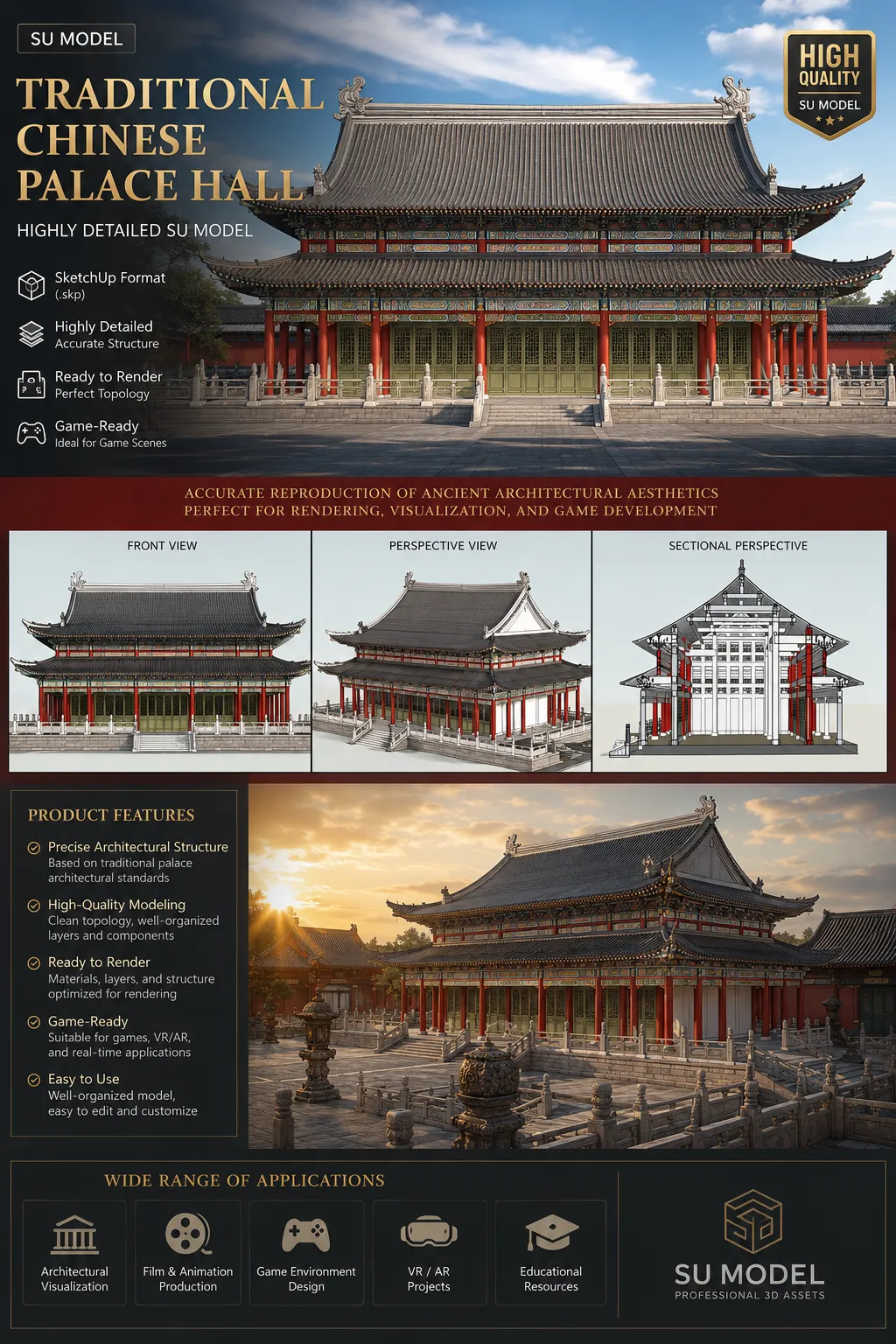 Traditional Chinese Double-Eaved Palace Hall 3D Model .c4d .max .obj .3ds .fbx .stl .blend