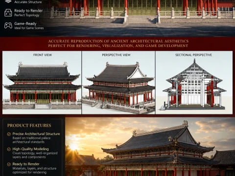 Traditionelle chinesische Palasthalle mit zwei Traufen 3D Modell
