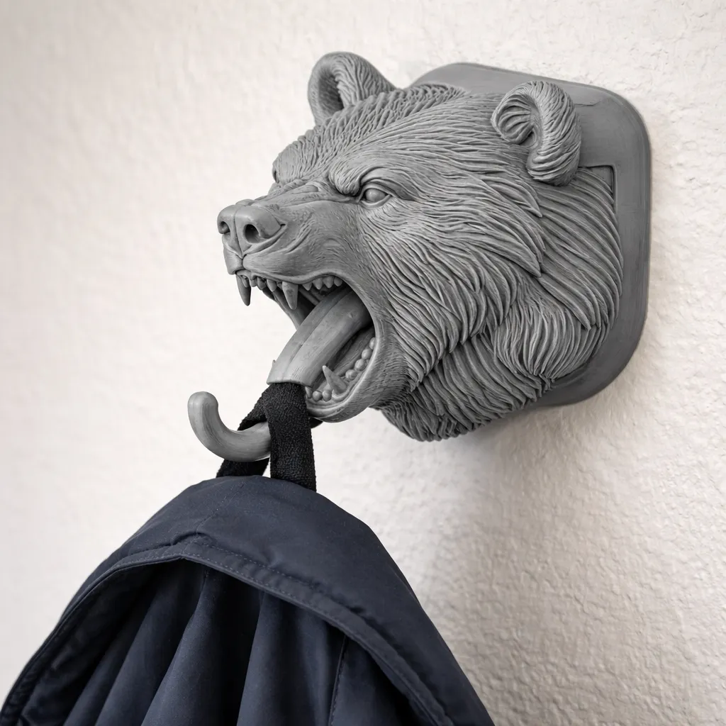 Grizzly bear HEAD WALL HANGER COAT AND KEY HOLDER HOOK 3D Model .c4d .max .obj .3ds .fbx .stl .blend 