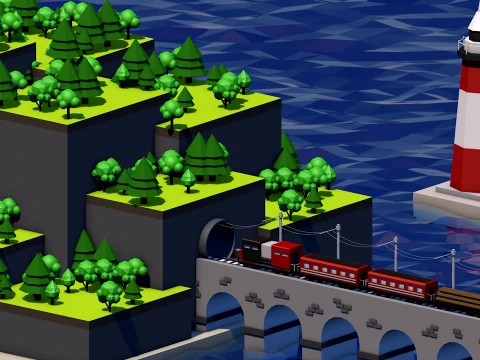 Low Poly Train and Island Diorama 3D Model