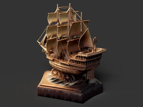Chinese Wooden Carving Junk Sail Ship 3D Model