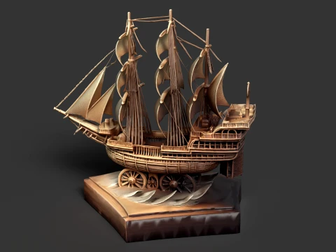 Chinese Wooden Carving Junk Sail Ship 3D Model