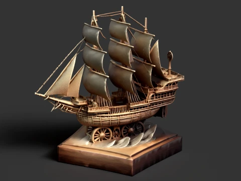 Chinese Wooden Carving Junk Sail Ship 3D Model