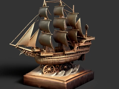 Chinese Wooden Carving Junk Sail Ship 3D Model