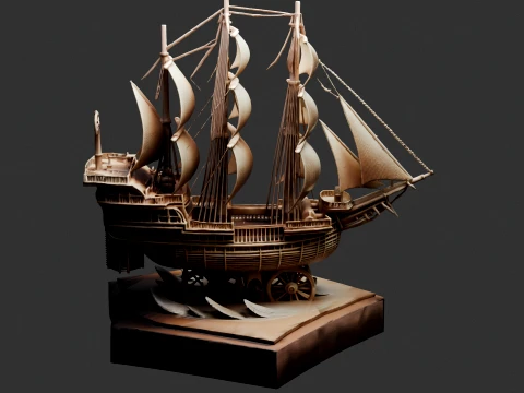 Chinese Wooden Carving Junk Sail Ship 3D Model