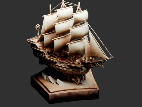 Chinese Wooden Carving Junk Sail Ship 3D Model