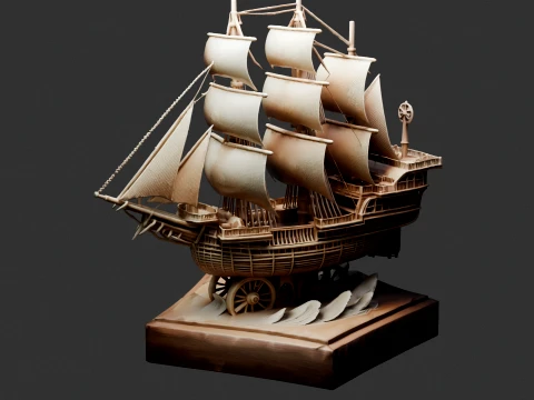 Chinese Wooden Carving Junk Sail Ship 3D Model