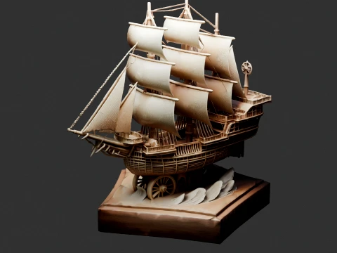 Chinese Wooden Carving Junk Sail Ship 3D Model