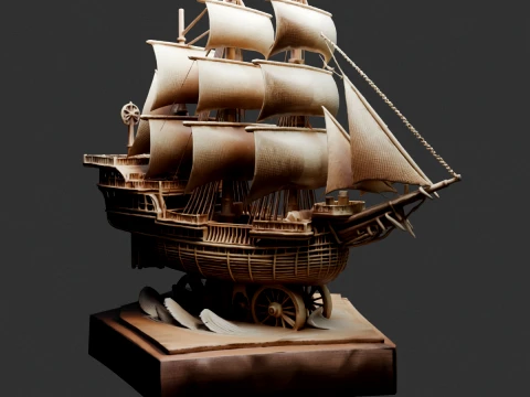 Chinese Wooden Carving Junk Sail Ship 3D Model