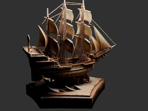 Chinese Wooden Carving Junk Sail Ship 3D Model