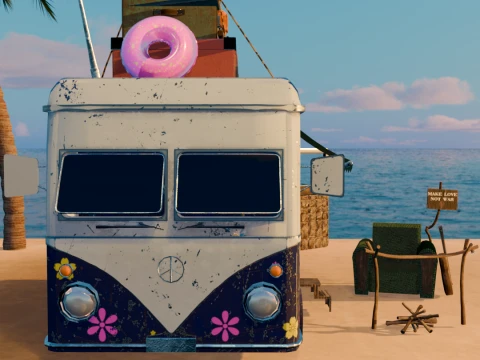 Stylized Camping Camper RV With Environment Assets 3D Model