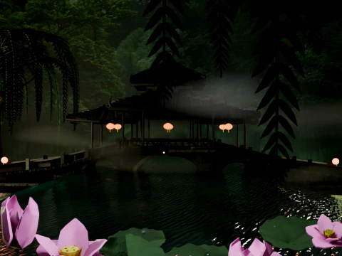 Traditional Japanese Pagoda and Stone Bridge Lov-Poly 3D Model