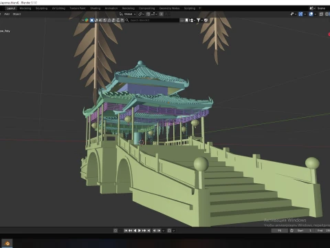 Traditional Japanese Pagoda and Stone Bridge Lov-Poly 3D Model