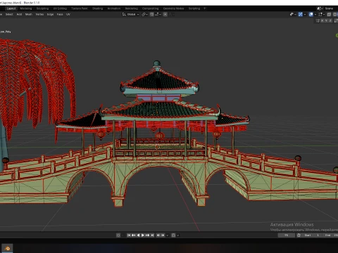 Traditional Japanese Pagoda and Stone Bridge Lov-Poly 3D Model