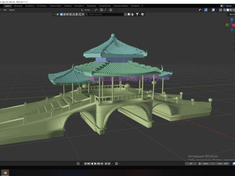 Traditional Japanese Pagoda and Stone Bridge Lov-Poly 3D Model
