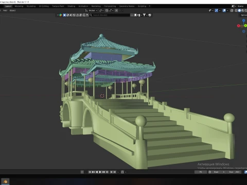 Traditional Japanese Pagoda and Stone Bridge Lov-Poly 3D Model