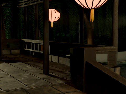 Traditional Japanese Pagoda and Stone Bridge Lov-Poly 3D Model