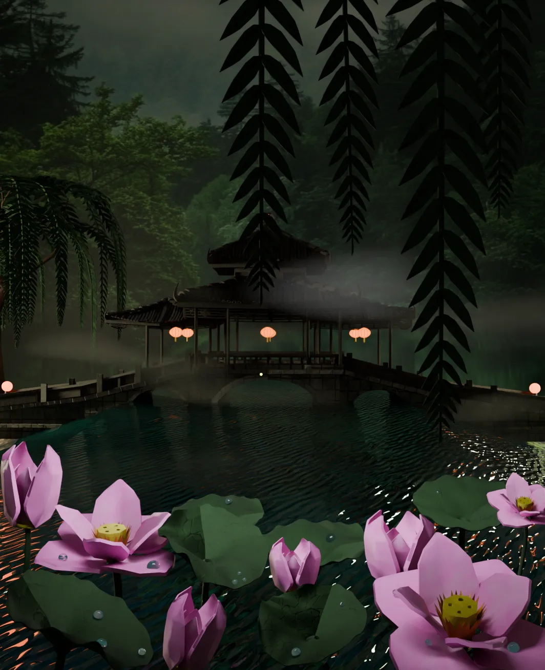 Traditional Japanese Pagoda and Stone Bridge Lov-Poly 3D Model .c4d .max .obj .3ds .fbx .stl .blend 