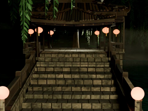 Traditional Japanese Pagoda and Stone Bridge Lov-Poly 3D Model
