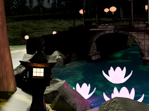 Traditional Japanese Pagoda and Stone Bridge Lov-Poly 3D 모델