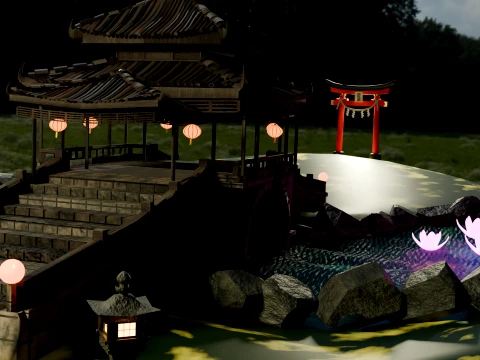 Traditional Japanese Pagoda and Stone Bridge Lov-Poly 3D 모델