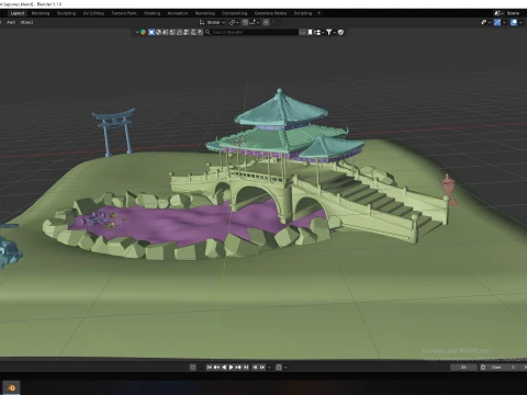 Traditional Japanese Pagoda and Stone Bridge Lov-Poly 3D 모델