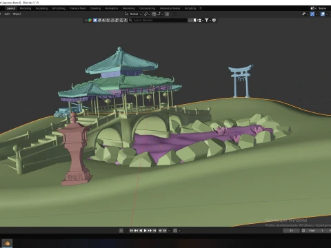 Traditional Japanese Pagoda and Stone Bridge Lov-Poly 3D 모델