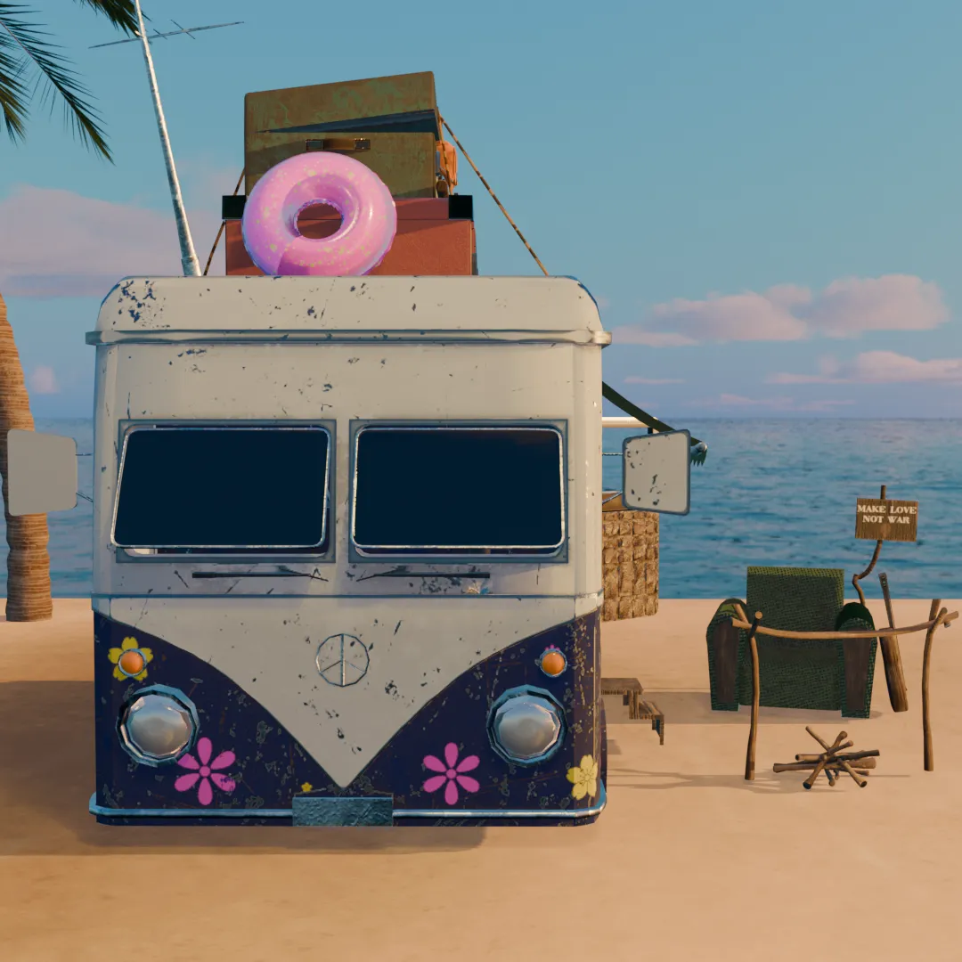 Stylized Hippie Camper Van Scene 3D Model .c4d .max .obj .3ds .fbx .stl .blend 