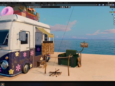 Stylized Hippie Camper Van Scene 3D Model
