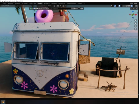 Stylized Hippie Camper Van Scene 3D Model