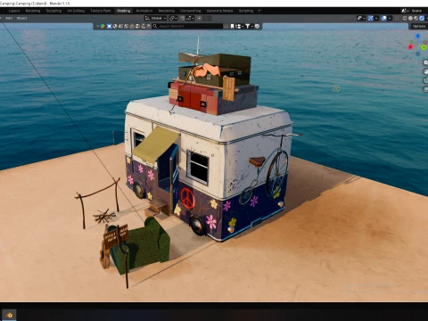 Stylized Hippie Camper Van Scene 3D Model