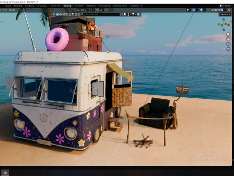 Stylized Hippie Camper Van Scene 3D Model