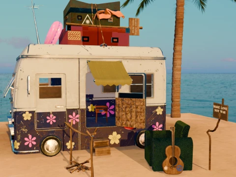 Stylized Hippie Camper Van Scene 3D Model