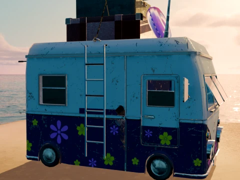 Stylized Hippie Camper Van Scene 3D Model