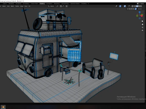 Stylized Hippie Camper Van Scene 3D Model