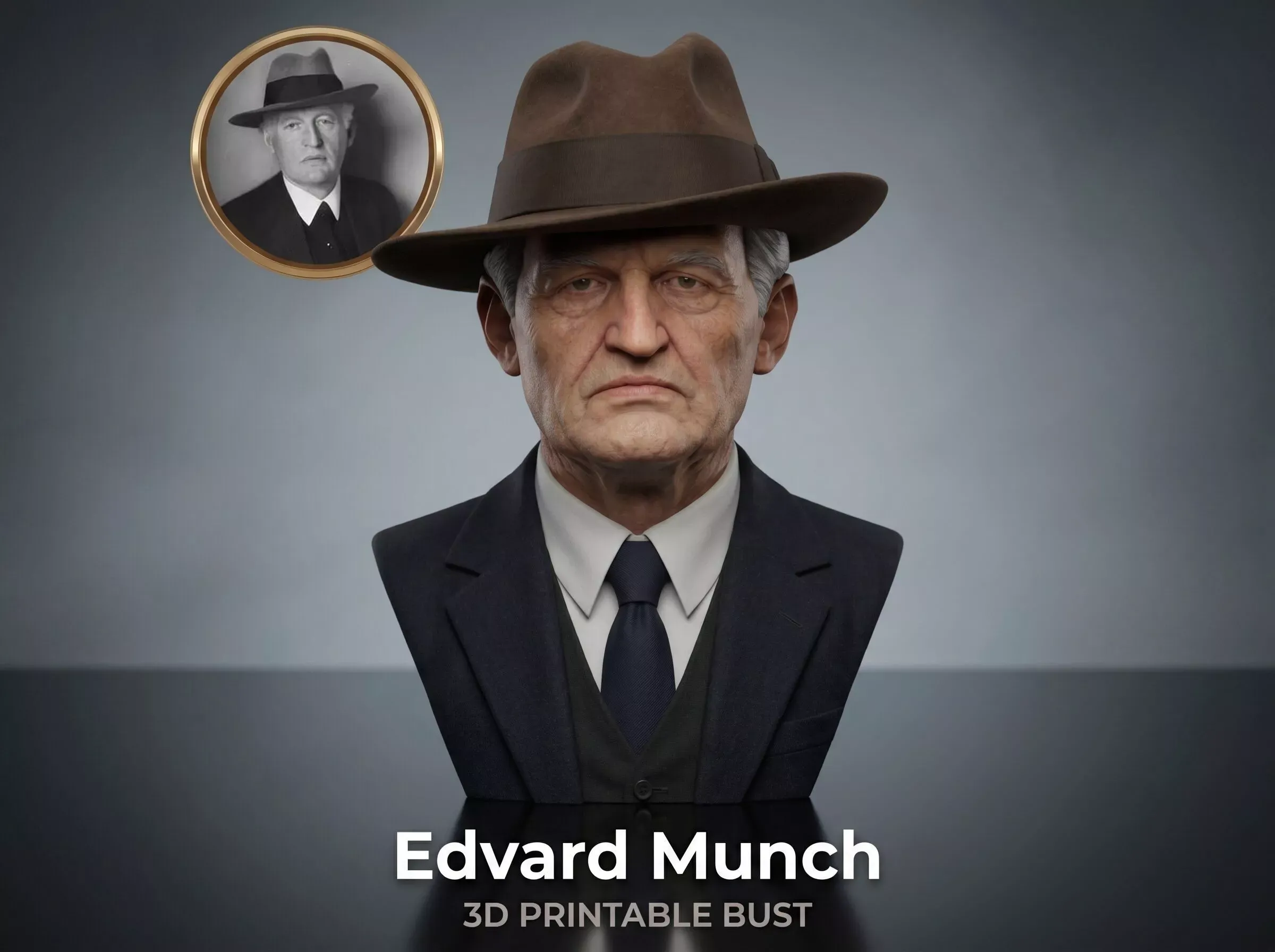 Edvard Munch 3D Printable Bust 3D Print Model .c4d .max .obj .3ds .fbx .stl .blend 