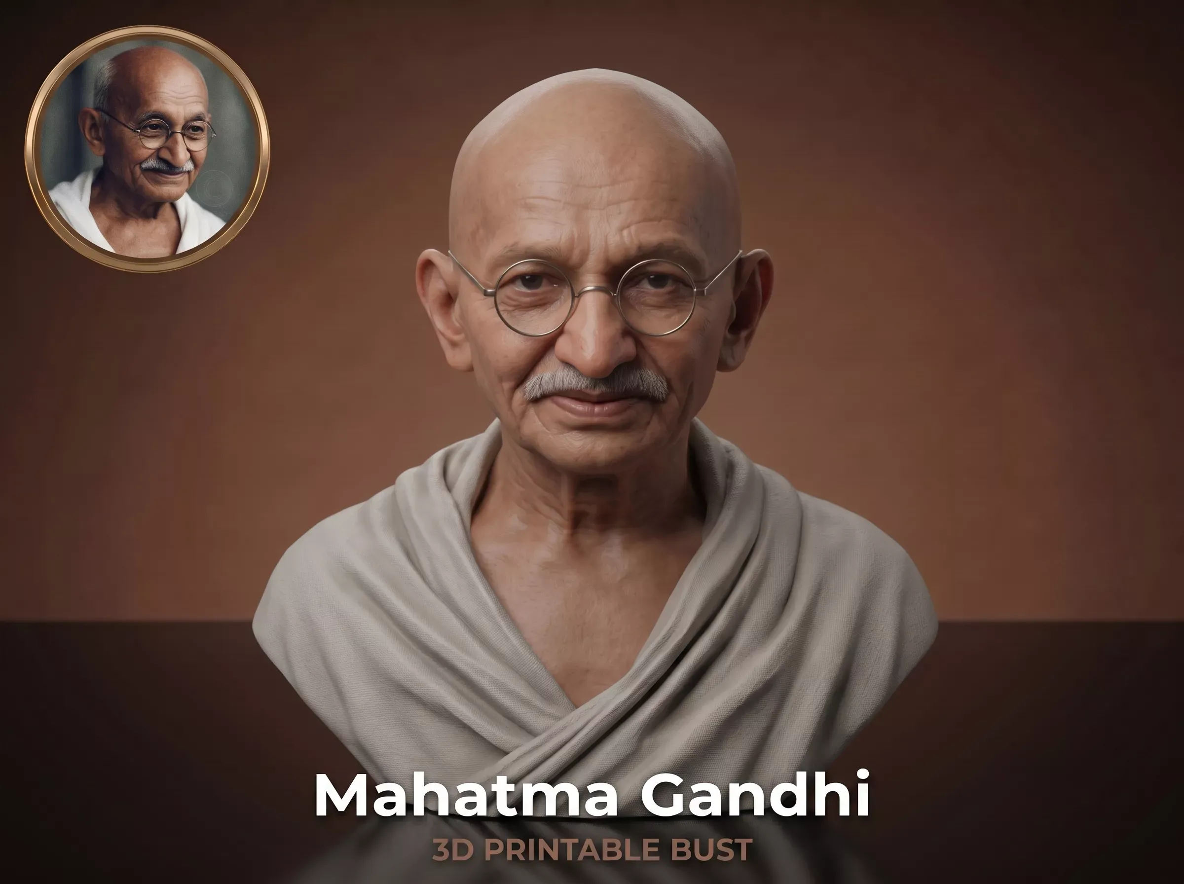 Mahatma Gandhi Realistic 3D Printable Bust 3D Print Model .c4d .max .obj .3ds .fbx .stl .blend 