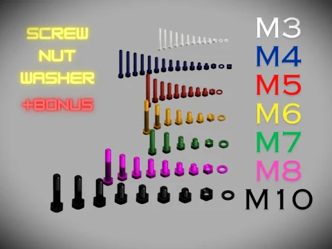Comprehensive 3D screw set based on ISO 4017 standards including M3 M4 M5 M6 M7 M8 and M10 3D Print Model