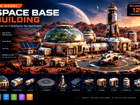 Space Colony Kit Modular Sci-Fi Space Station Rocket Launch Site Industrial Buildings Vehicles 3D Model