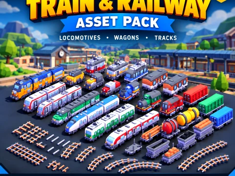Low Poly Train and Railway Track Pack Stylized Locomotives Wagons and Modular Rails 3D Model