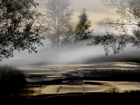 Misty Forest Lake Environment Blender Scene 3D Model