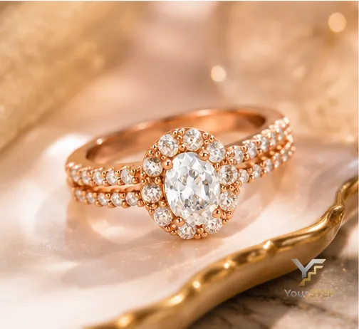 Rose Gold Oval Halo Engagement Ring 3D Print Model .c4d .max .obj .3ds .fbx .stl .blend 
