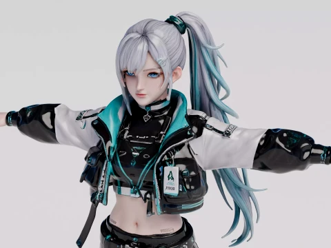 Futuristic Techwear Anime Girl free 3D Model