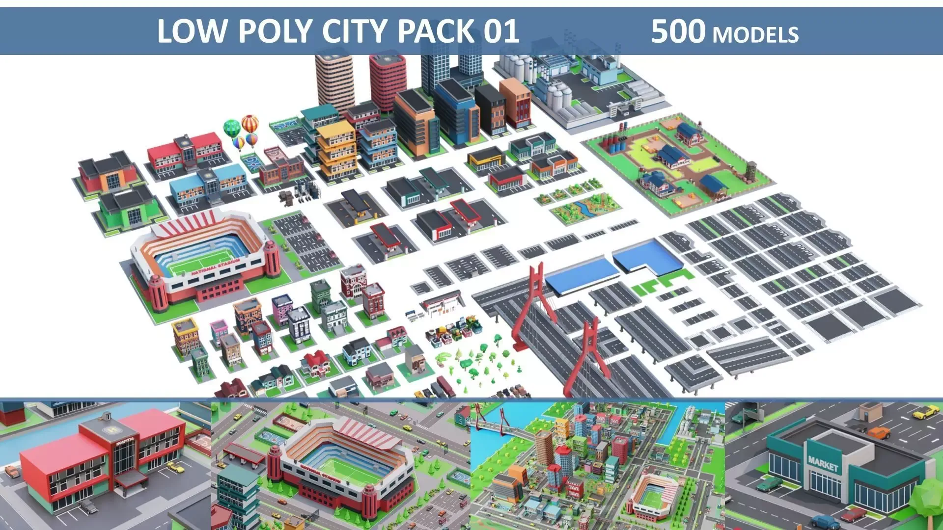 Low Poly City Pack 01 Collection free low-poly 3D Model .c4d .max .obj .3ds .fbx .stl .blend 