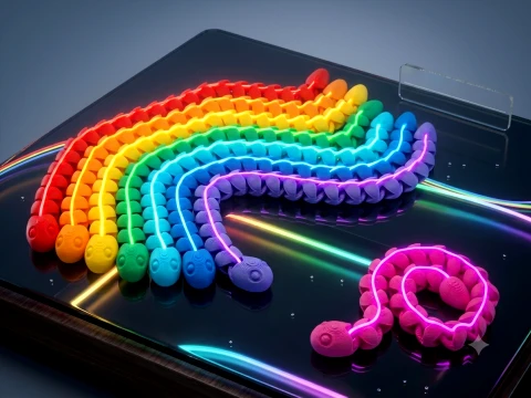 Rainbow Articulated 3D Printed Snakes Set Glowing Neon Fidget Toy Pack 3D Print Model