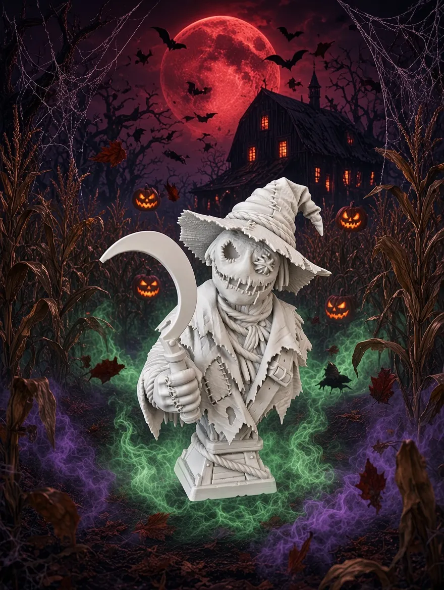 253D Printed Creepy Scarecrow Bust - Halloween Decor 3D Model .c4d .max .obj .3ds .fbx .stl .blend 