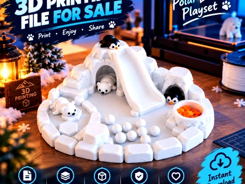3D Printed Winter Arctic Playset - Polar Bear Penguin Modello di stampa 3D