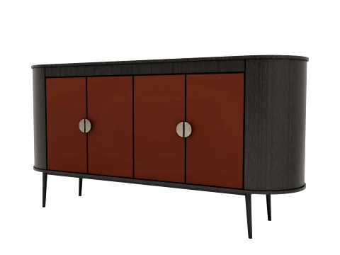 Modern Rounded Sideboard - Dark Wood with Red Doors 3D Model